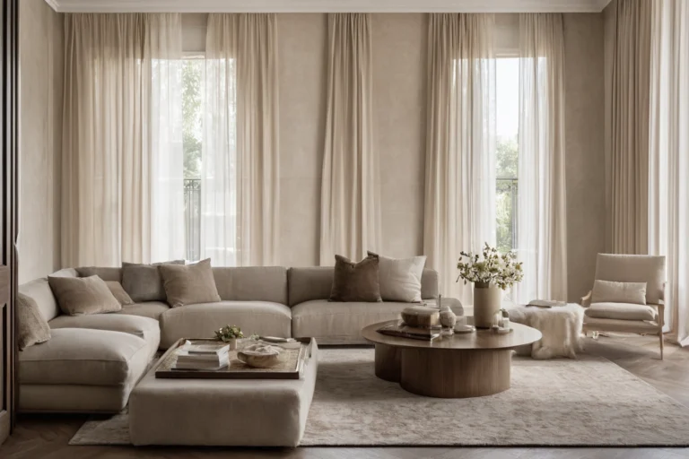 Restrained Italian living room with walnut cabinetry, a travertine table and linen upholstery in a muted palette