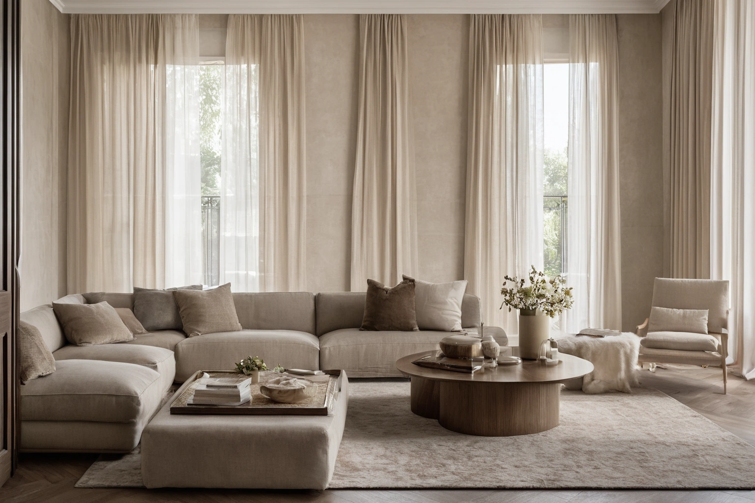 Restrained Italian living room with walnut cabinetry, a travertine table and linen upholstery in a muted palette