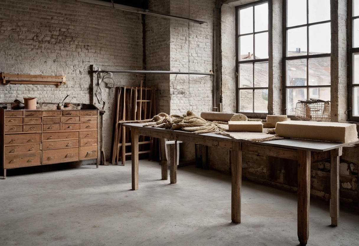 Small Italian furniture workshop with hand tools, clamps and part-finished solid wood chair frames on the bench