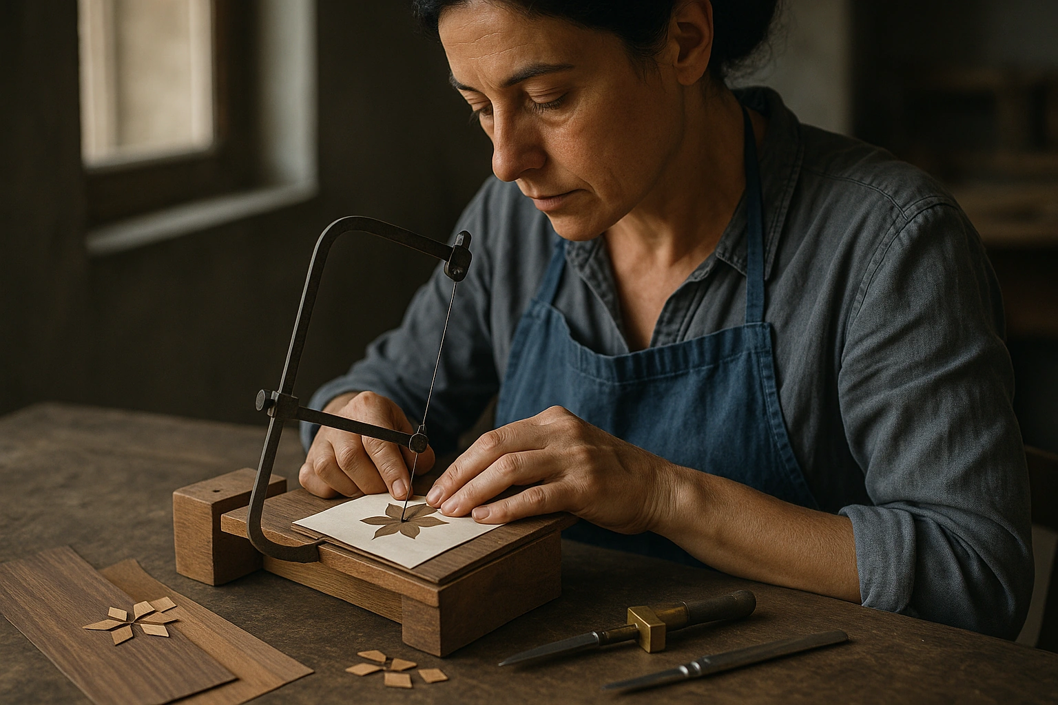 An artisan cutting marquetry veneer by hand at a workshop bench