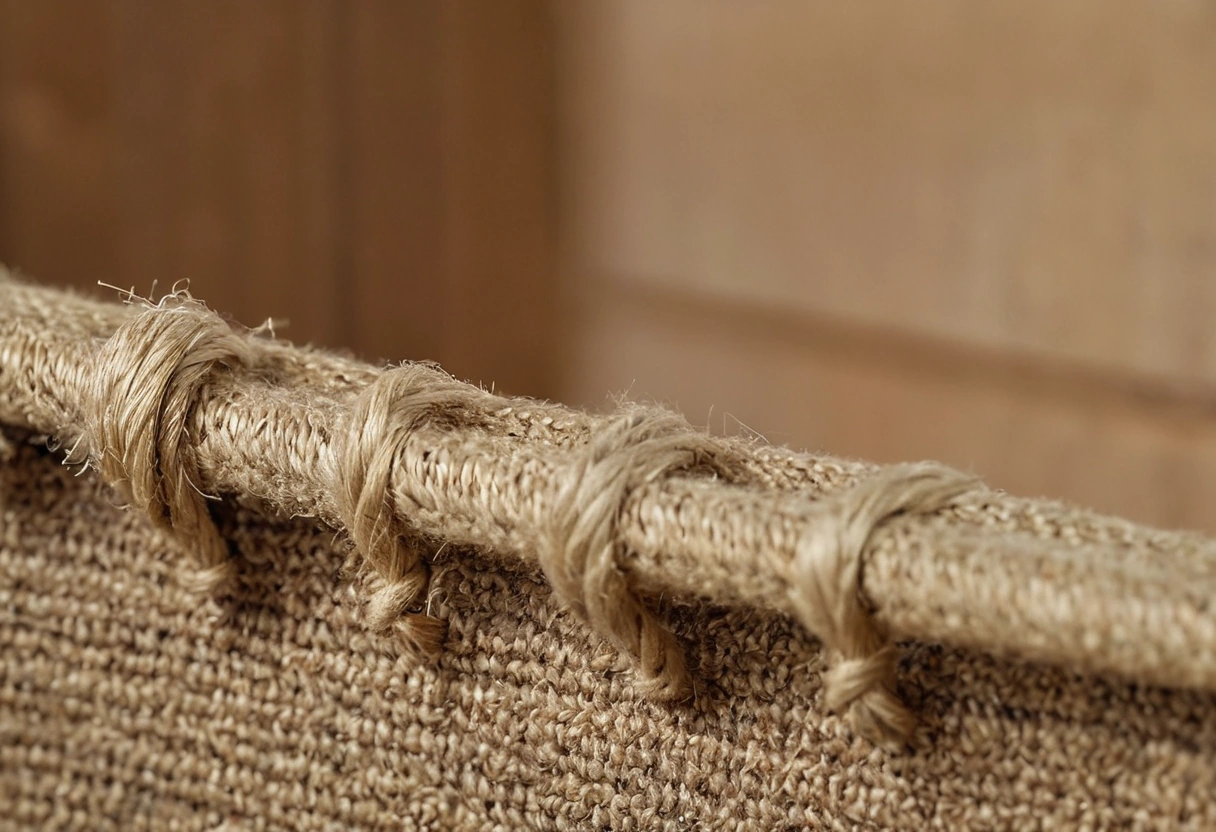 Detail of a bare hardwood sofa frame with jute webbing and hand-tied coil springs