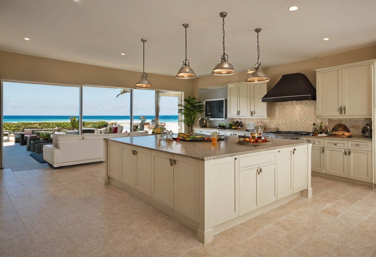 Should pendant lights be centered to the kitchen island or to work zones shown with island transport and resort-access cues